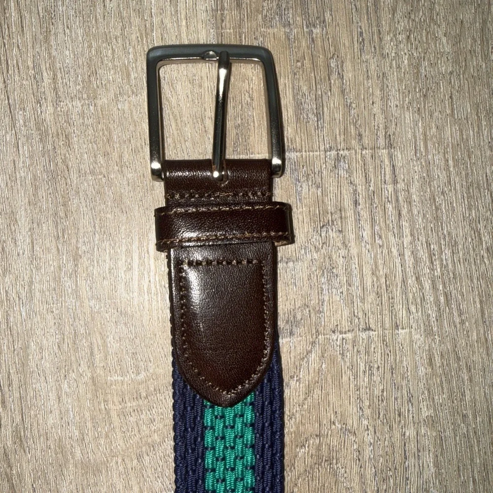 Lands' End Dark Blue & Green Woven Belt Leather Buckle Preppy Size M Made USA